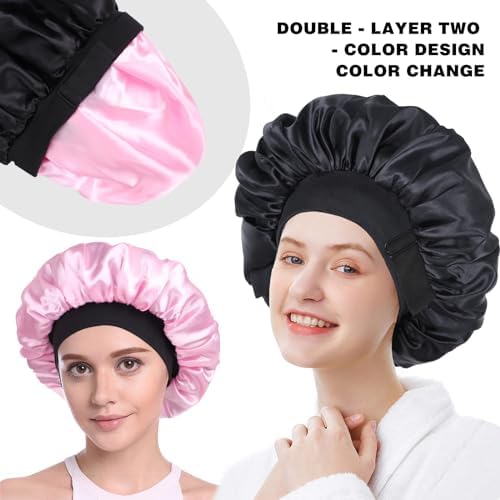 Double Layer Adjustable Satin Bonnets for Sleeping (Black and Pink) - Image 5