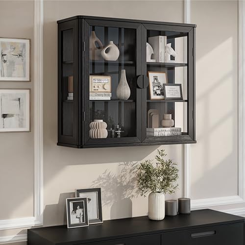 FIMELLO 28’’W Wall Cabinet with Tempered Glass Doors, Bathroom Cabinet Wall Mount, Kitchen Wall Cabinet, Floating Cabinet for Bathroom, Wall Mount Salon Station for Barber, Beauty, Black by FimelloHome