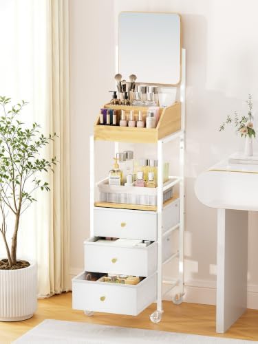 SWTYMIKI Makeup Organizer Cart with Mirror - Makeup Storage Vanity Dresser with Non-Woven Drawers, 360° Rotating HD Mirror, Rolling Organizer Cart for Skin Care Perfume Nail Polish Hair Tool White by SwtyMiki-TidyHomeSweetLife