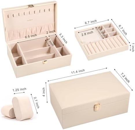 LANDICI Jewelry Box Organizer for Men Women, 2 Layer 4 Slot Watch Storage Case with Removable Tray, PU Leather Large Jewellery Holder Display for Watches Sunglasses Rings Earrings Necklace, Apricot - Image 3
