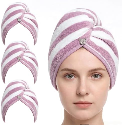 3 Pack Microfiber Hair Towel Wrap for Women, Fast Drying Hair Turban with Button, Anti-Frizz Large Hair Towel for All Hair Styles, Soft & Absorbent Hair Drying Towel by YHPDYL