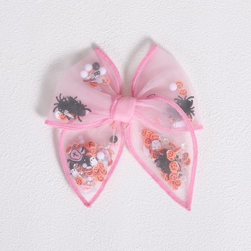 Halloween Bows for Girls Women 4in Pink Ghost Mesh Ribbon Tulle Bow Alligator Clips 2pc Fable Shaker Hair Bow Barrettes Teens Toddler Kids outfit Dress Costume Party Accessory Gift - Image 6