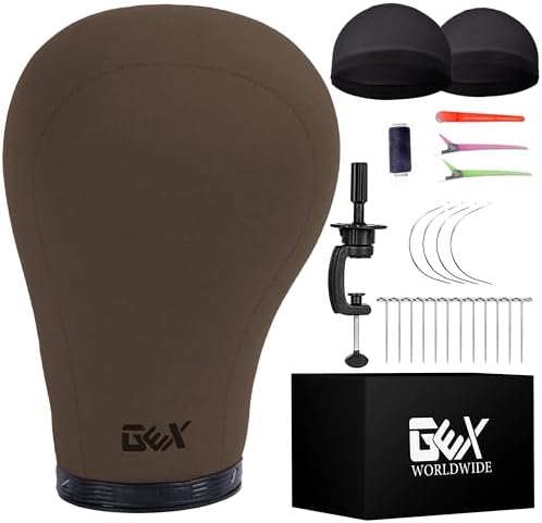 GEXWORLDWIDE GEX 20"-24" Canvas Cork Wig Block Mannequin Head for Wig Making Drying Styling Display with Table C Clamp Stand Holder Dark Brown 24" by GEXWORLDWIDE