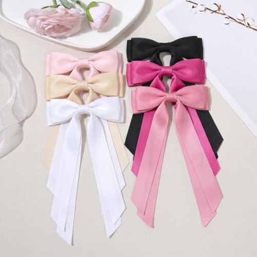 6PCS Pink Tone Hair Bows, Large Ribbon Bow Hair Clips for Girls Women Cute Ponytail Holder Accessories for Toddlers Kids Teens - Image 2