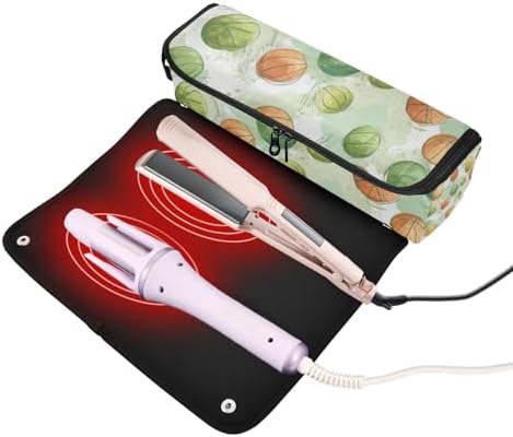 Hair Tools Travel Bag with Heat Resistant Mat 2-in-1 Hot Tools Travel Bag Organizer Flat Curling Iron Travel Case for Straightener Green Orange Watercolor Basketballs - Image 2