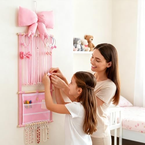 Back to School Pink Hair Bows Holder Headband Organizer for Girls Long Baby Hair Clips Accessories Display Storage Hanging Wall Decor with Hooks Gift for Nursery Toddler Girls Room(Clear Pocket) - Image 6