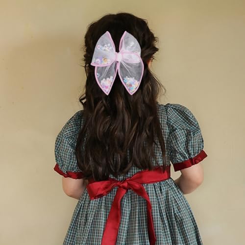 Pink Floral Hair Bow for Girls 4" Flower Mesh Ribbon Fable Bow Hair Clips - Image 3