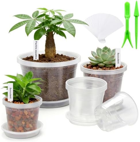 5/6/7/10 Inch Clear Nursery Pots with Drainage & Saucers 20PCS , Plant Large Pots with Labels, Seedling Tool & Hole Puncher, Plastic Nursery Pots for Succulents, Seedings, Herbs, Flowers, Vegetables by zalovvi