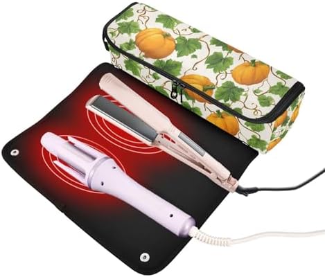 Hair Tools Travel Bag with Heat Resistant Mat Detachable 2-in-1 Curling Iron Travel Case Hot Tools Organizer for Straightener Flat Iron Pumpkins Green Leaves - Image 2