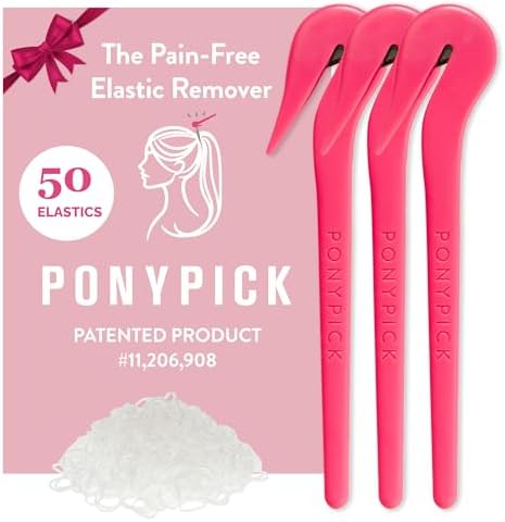 PONY PICK Elastic Hair Tie Cutter (3 Picks & 50 Clear Elastics) by ThePonyPick