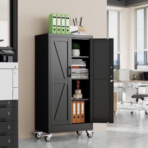 47" Metal Garage Storage Locker Cabinet with Wheels,Rolling Black Lockable Tool Cabinet with 2 Doors and 3 Adjustable Shelves, Steel File Cabinet for Home Office Warehouse Gym - Image 2
