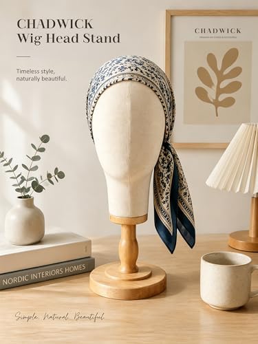 CHADWICK 21-Inch Linen Wig Head Stand with Wood Base, Beige - Image 4