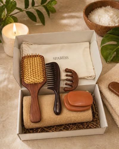 Wooden Hair Brush and Comb Gift Set for Women – Natural Hair Care Kit with Paddle Brush, Wide Tooth Comb, Sandalwood Scalp Comb, Silicone Shampoo Brush & Hair Towel - Image 6