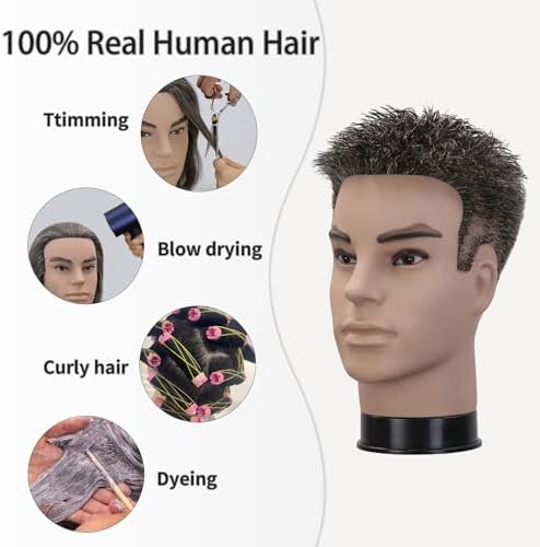 12" Male Barber Mannequin Head, 100% Real Human Hair Salt & Pepper Pale Ash Grey White Hair, Hair Cutting Styling Practice Manikin for Hairdresser Training, Free Clamp Stand Included (Black and white) - Image 5