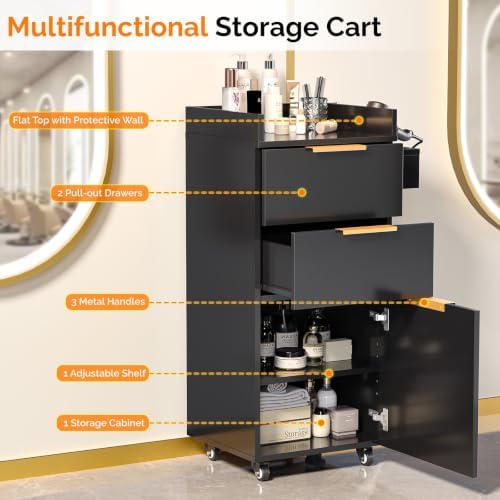 OmySalon Salon Cart with Wheels, 3-Tier Rolling Hair Styling Station, 2 Drawers & Adjustable Shelf, Hair Dryer Holder, Mobile Organizer for Salon, Barber, Spa, Nail & Beauty Tools, Black - Image 3
