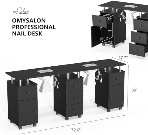 OmySalon Double Manicure Table w/Dust Collector, Nail Table Station for Nail Tech, Makeup Desk w/Wheels Arm Rest Drawers Cabinet Storage, for Beauty Spa Salon, Acetone Resistant (Black) - Image 2