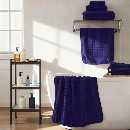 COZYART Lint Free 8 Pcs Bathroom Towels Set Ultra Soft Microfiber Navy Blue - Image 6
