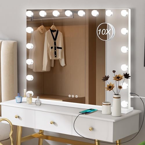 Moonee Vanity Mirror with Lights, Hollywood Lighted Makeup Mirror with 18 Dimmable Bulbs and 10X Magnification, 3 Colors Modes, Light Up Mirror, Gifts for Women, Girls,Dorm Room Essentials（32" x 24"） by Moonee