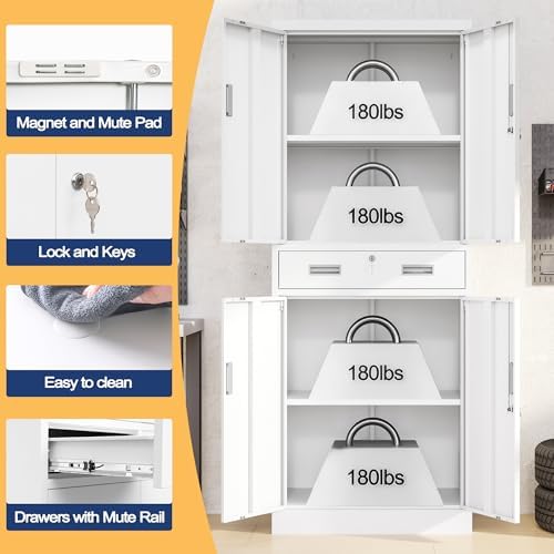 Wanfu Metal Storage Cabinet, 71" H x 28" W x 16" D Locking Storage Cabinet with 2 Adjustable Shelves and 1 Drawer for Office, Garage, Home, School, Utility(White) - Image 5