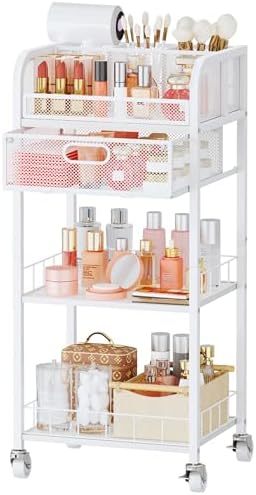 HapiRm Makeup Organizer Storage Cart - Floor Skincare Make Up Organizers with 4 Drawers, Rolling Makeup Cart Vanity Organizer Cosmetics Display Cases Holder for Skin Care Nail Polish White+Wood by HapiRm