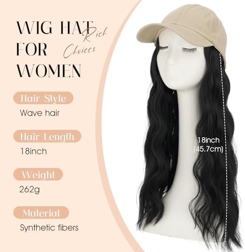 Rich Choices Hat Wigs for Women,Khaki Baseball Cap with Hair Extensions for Women,Caps with Wavy Curly Synthetic Long Hair Attached Adjustable Baseball Cap Wig 18 Inch Black Hair - Image 2