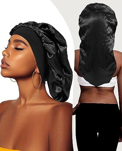 AWAYTR 2-Layer Satin Bonnet for Braids, Wide Band Long Sleep Cap Black - Image 3