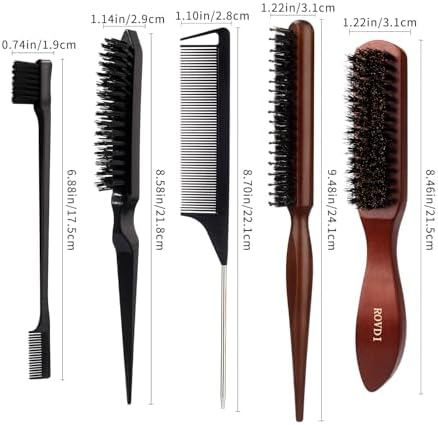 5pcs/Set Boar Bristle Slick Back Hair Brush & Comb Set - Edge Control Styling Kit for Slick Back, Teasing, Smoothing, Detangling, and Adding Volume - Suitable for Curly, Normal, and Wavy Hair Types - Image 6