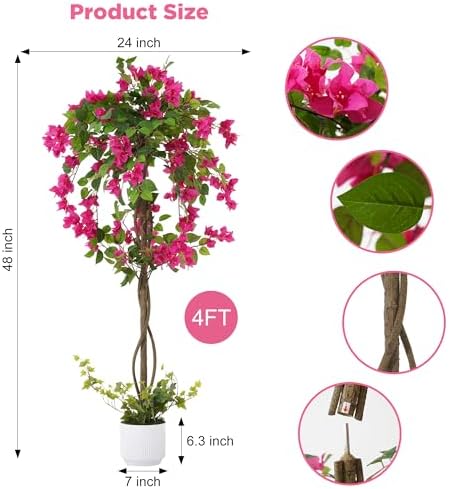 4FT Artificial Bougainvillea Tree, Tall Faux Bougainvillea Plant with Vibrant Pink Flowers, Large Potted Fake Tree for Indoor Living Room, Office, Patio, Porch, and Garden Decoration - Image 3