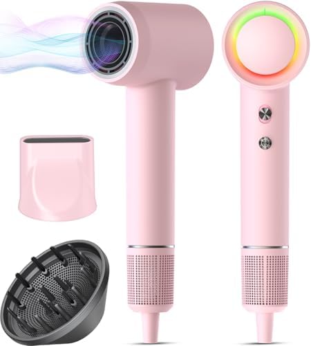 Hair Dryer, 160000 RPM Professional High-Speed Blow Dryer 500 Millions Negative Ionic Care Hair Dryer for Fast Drying, Low Noise Thermo-Control Hairdryer, Travel with Magnetic Diffuser & Nozzle, Pink by AlloomProfessionalHairDryer
