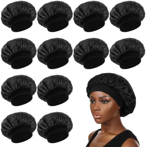 12 Pcs Silk Bonnet for Women Curly Hair Satin Bonnet Hair Wrap for Sleeping Cap with Tie Band Soft and Breathable (Black) by Unknown