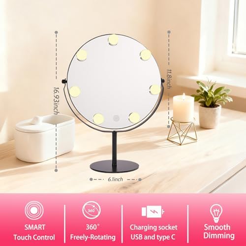 Hollywood Vanity Mirror with Lights, 11.8"x17" Lighted Makeup Mirror for Desk with 7 Led Bulbs, 3 Lighting Modes, Dimmable Light,360° Rotation for College Dorm, Bedroom & Dressing Room (BLACK) - Image 6