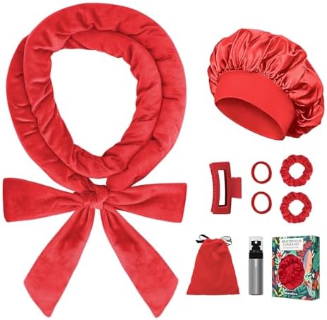 Gwabee Heatless Curls Overnight Hair Curlers to Sleep In, 9 PCS Velvet Heatless Hair Curler Overnight Curls for Women Long Medium Hair Volumes, Heatless Curling Waves Set with Sleep Bonnet - Red by Gwabee
