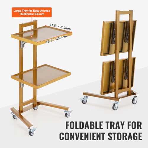 VEVOR Multifunctional 2 Tiers Foldable Medical Trolley Carton Wheels, Gold 2-Level Mobile Storage Tray Cart, Stainless Steel Rolling Lab Cart for Dental Tools, Cavitation Machine, Salon, Lab, Clinic - Image 5