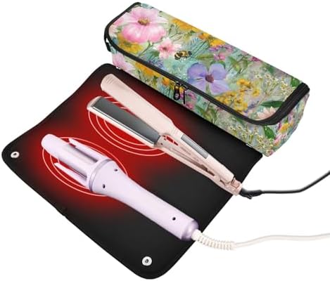 Hair Tools Travel Bag with Heat Resistant Mat 2-in-1 Hot Tools Travel Bag Organizer Flat Curling Iron Travel Case for Straightener Colorful Bees Flowers - Image 2