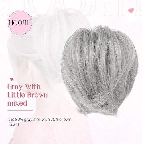 HOOJIH Messy Bun Hair Piece, Claw Clip in Straight Hair Bun 9 Inch Short Ponytail Extension with Bendable Metal Wire Hair Pieces for Women Fake Hair Bun DIY Styles - Silver Gray With Brown mixed - Image 4
