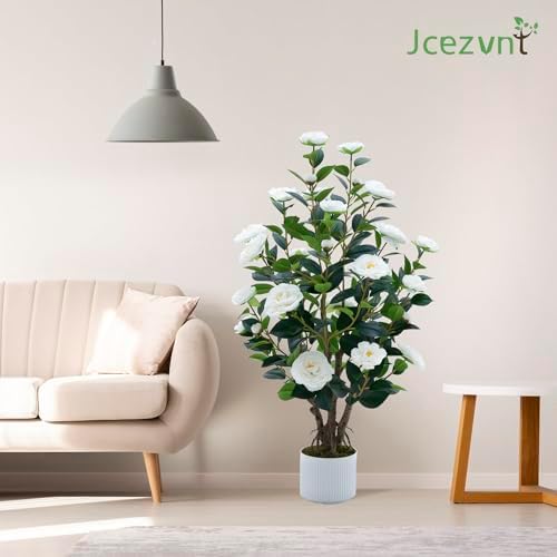 2 Pack Artificial Camellia Tree with White Pot, 38" Faux Potted Plants for Indoor Outdoor Decor, Tall Silk Greenery Plant for Home Offce Living Room Balcony, White - Image 5