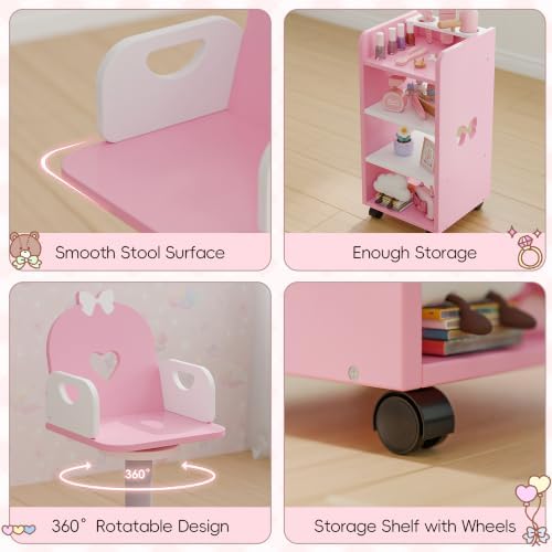 Toddler Vanity for 3 Year Old with 7 pcs Pretend Makeup Accessories, Pink - Image 6