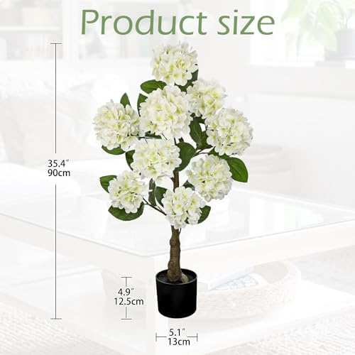 Hollyone 3FT White Hydrangea Artificial Flowers Tree Large Real Touch Faux Silk Hydrangea Plants Potted Fake Flower in Black Pot for Home Indoor Outdoor Front Porch Garden Entrance Living Room Decor - Image 2