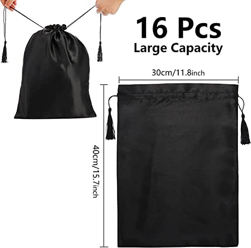 Youeon 16 Pcs Silk Satin Wig Bags 12"x16", Satin Black Gift & Travel Bag with Drawstring Tassel, Hair Bags for Packaging Wig, Bundles, Hair Extensions, Storage Sacks for Home, Salon, Travel - Image 2