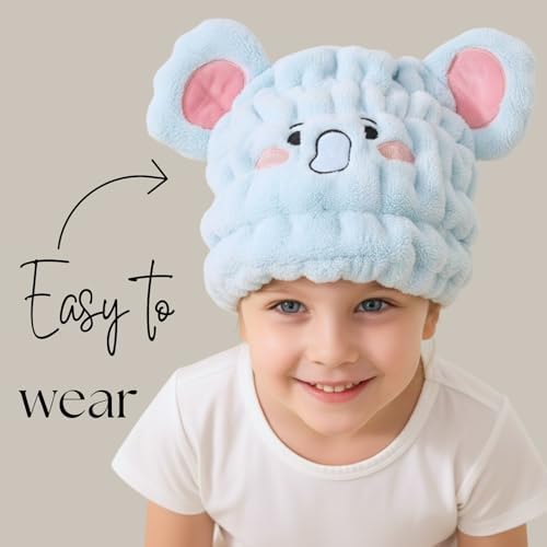 Microfiber Hair Towel Wrap for Kids, Elephant Toddler Quick Drying Cap - Image 2