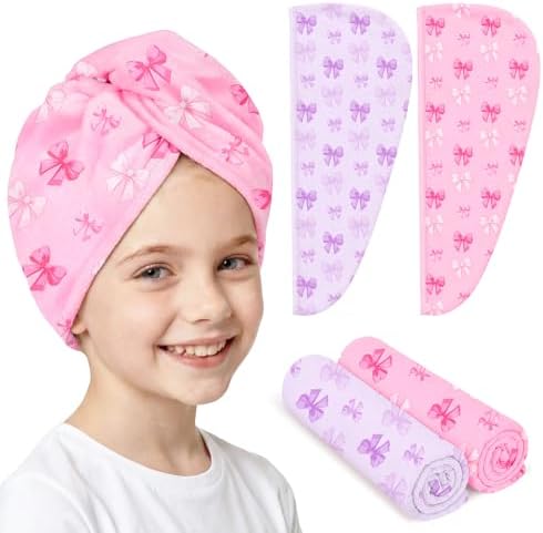 Microfiber Hair Towel Wrap for Kids Hair Drying Towel Wrap with Button 2 Pack Wet Hair Towel Wrap Head Towels Wrap for Girls by BiueLetter