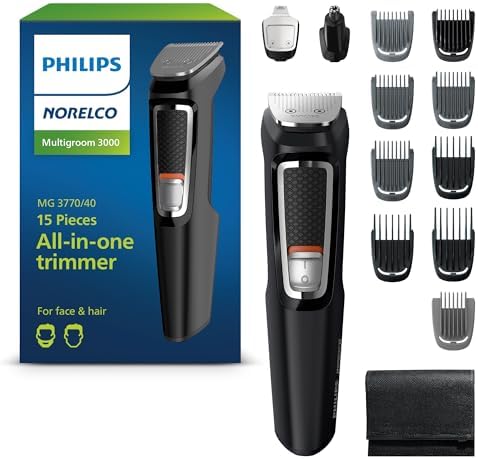Norelco Philips Multigroom 3000 Series, All-in-One Trimmer, Beard Trimmer and Hair Clipper, 15-Piece Men's Grooming Kit for Head, Beard, Face, Nose, Ears, No Blade Oil Needed, Soft Pouch, MG3770/40 by PhilipsNorelco