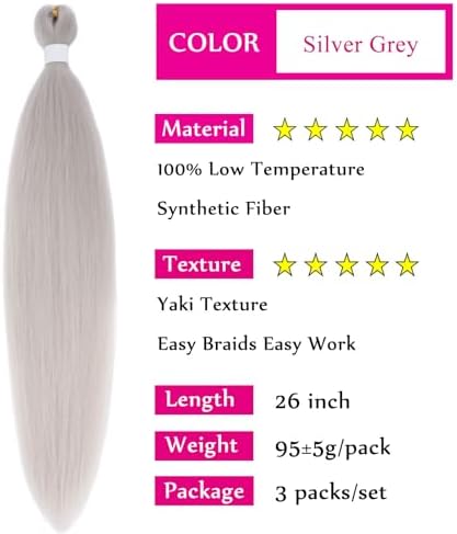 Grey Hair Extensions For Braiding 26 inch Silver Braiding Hair Pre Stretched Long Hypoallergenic Pre Sectioned Braiding Hair Knotless Crochet Braids Synthetic Hair Weave Bundles 3 Pack - Image 2
