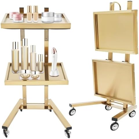 2 Tier Metal Rolling Cart, Stainless Steel Salon Tray with Wheels, Foldable Utility Carts, Folding Salon Tray Trolley for Tattoo (Golden) by GUIAFUHYE