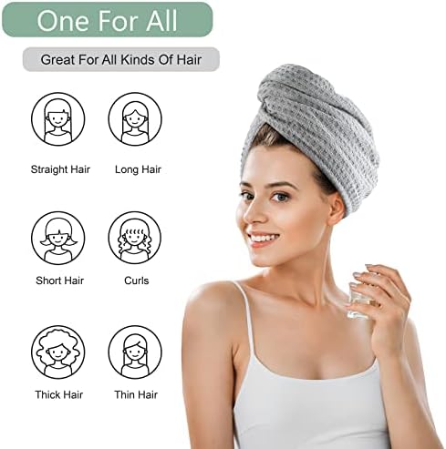 Microfiber Hair Drying Towel: 2 Pcs Waffle Long Hair Turban Wraps (Gray) - Image 2
