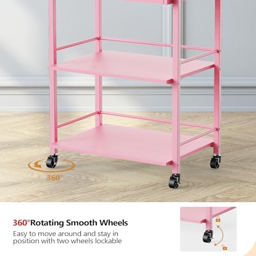 OmySalon Salon Trolley Cart with Wheels, Esthetician Cart with 1 Drawer & 2 Trays, Mobile Storage Organizer for Beauty Spa Massage Tattoo Esthetic Facial Tool Holder Station, Pink - Image 6