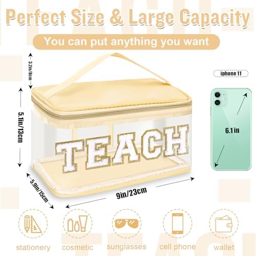 Teacher Appreciation Gifts Chenille Letter Clear Makeup Bag TEACH Pouch, Preppy Patch Makeup Bag Zipper with Handle Nylon Travel Cosmetic Bag Graduation Retirement Teacher Gifts for Women(TEACH-Beige) - Image 2