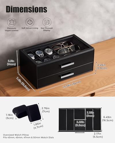 ProCase Watch Case, Mens Jewelry Box for 6 Watch & 5 Sunglasses -Black - Image 2
