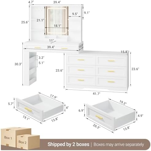 ELYKEN Makeup Vanity Desk with Mirror and Lights, White Dresser Combo - Image 3
