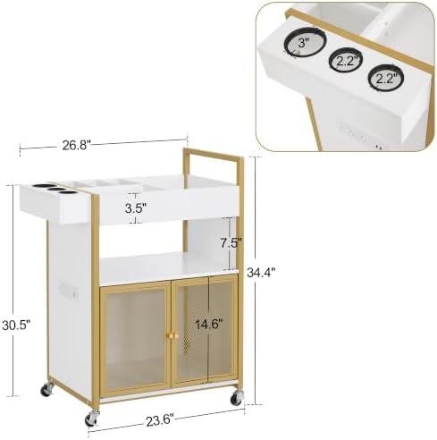 BarberPub Rolling Salon Cart with Power Outlet, Barber Trolley with Metal Tool Holder & Storage Cabinet, Beauty Salon Equipment with Mesh Doors for Hair Stylist 2087(White) - Image 2